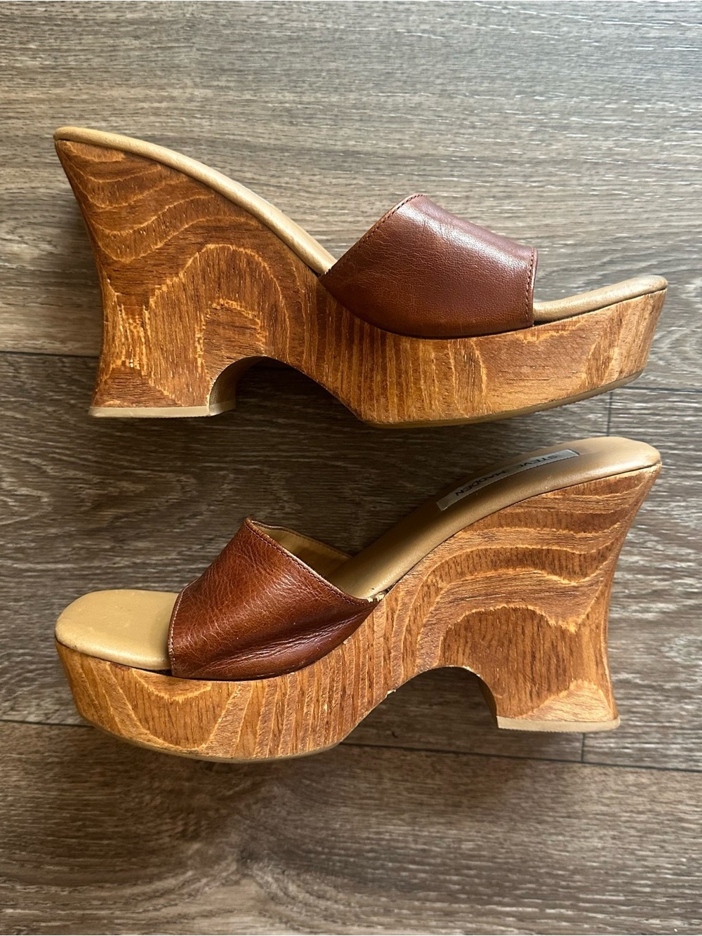 Steve Madden Y2K 90s Platform Leather Wooden Heel Slide On Sandals Brown Size 8